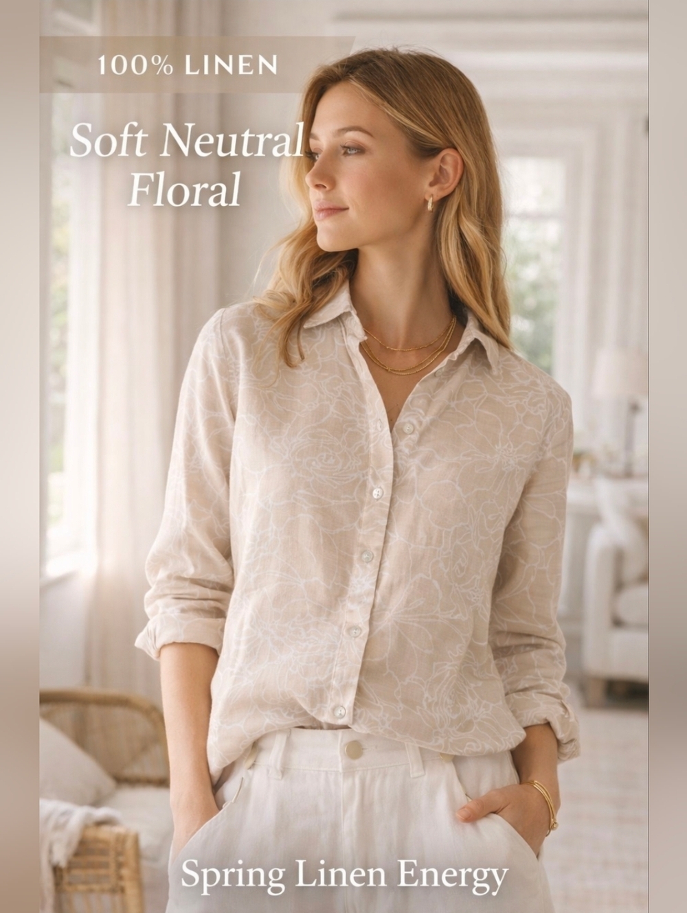 Neutral Floral 100% Linen Button Front Blouse Top Lightweight Spring Summer